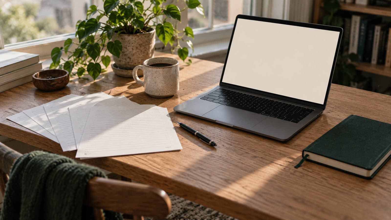 A desk with printed pages, a pen, an open laptop and a green notebook