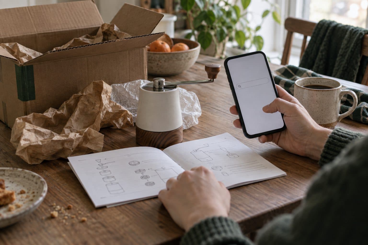 A customer at a kitchen table with an opened box, a paper manual and a phone, looking for setup help