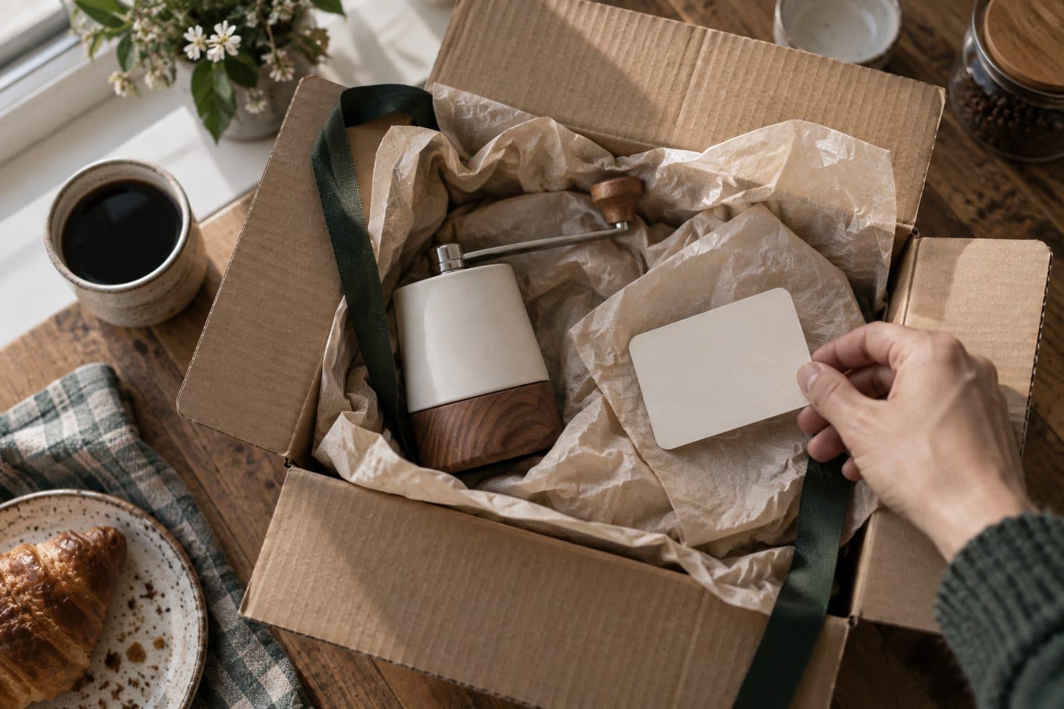 A hand lifting a small cream card out of an opened shipping box beside a coffee grinder