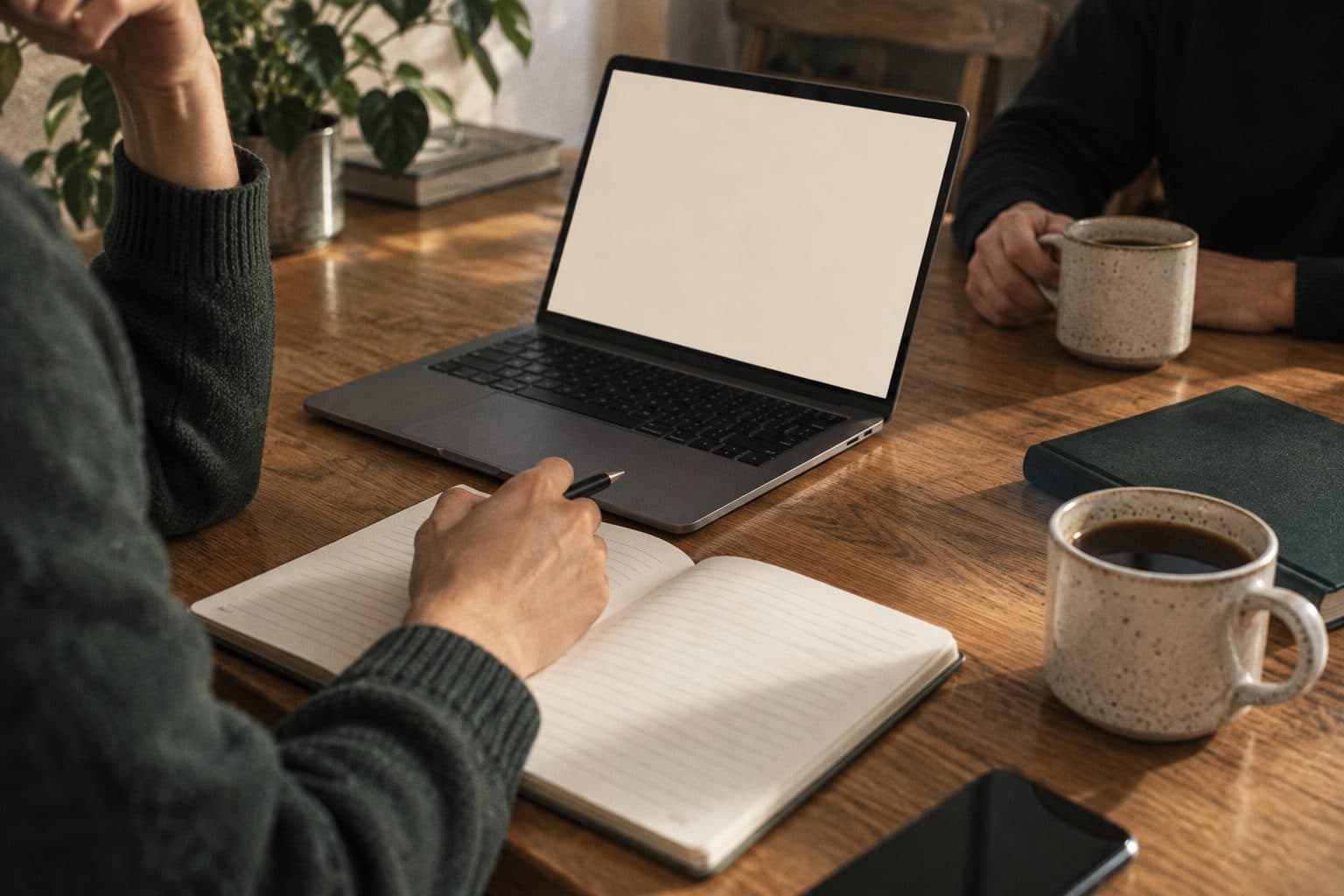 Two people at a table with a laptop, a notebook and coffee, talking through findings